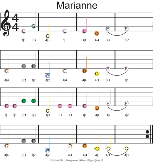 Color coded violin sheet music of "Marianne"