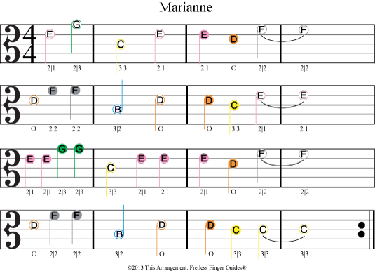 image showing color coded viola sheet music for Marianne