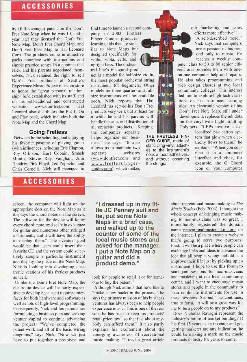 Music Trades magazine article about the inventor of the Fretless Finger Guide page two
